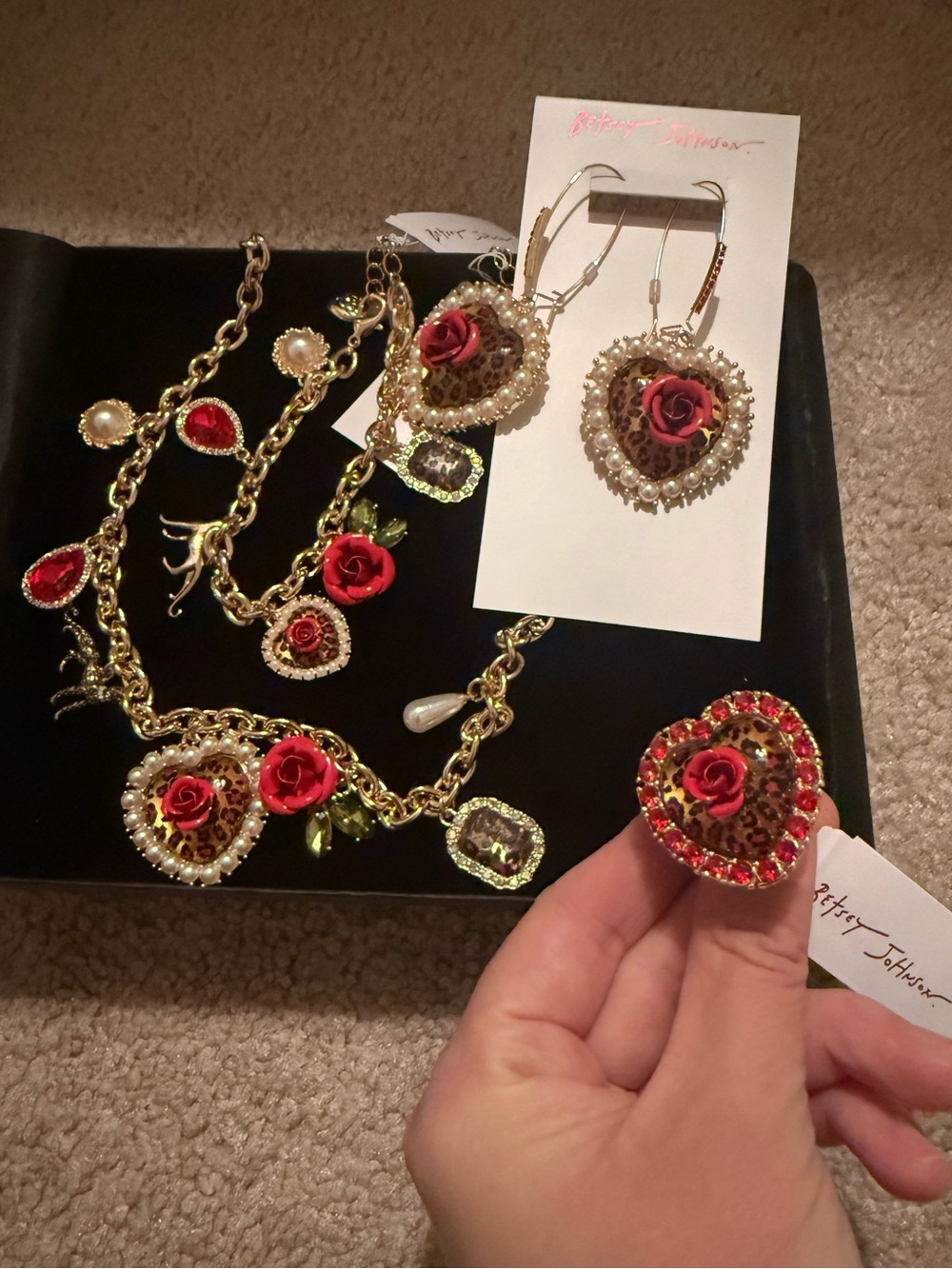 Betsey Johnson Gold-Tone Heart Necklace, bracelet, Earring & Ring with Red Roses